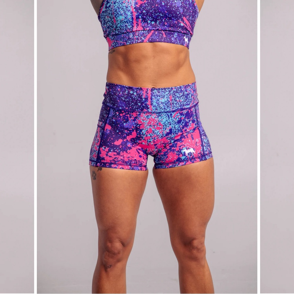 Athletic High-Waist Purple & Pink Splatter Shorts
